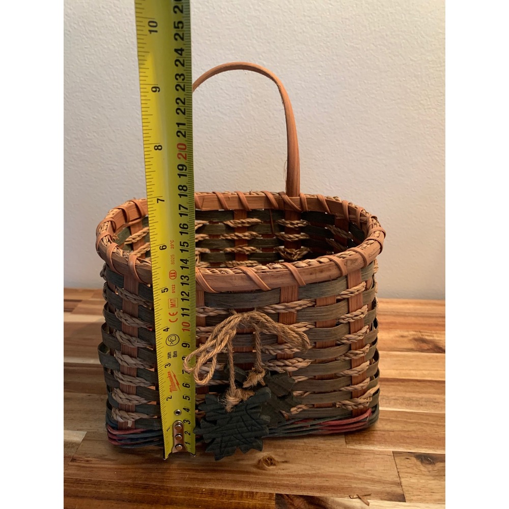 Handmade Rustic Basket with Handle and Wooden Leaf Accents Rustic Decor Woven - Picture 5 of 6